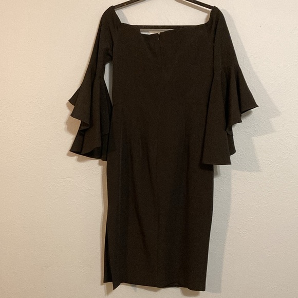 Milly Womens Size 10 Italian Cady Selena Slit Dress Black Midi Bell Sleeve NWT - Picture 6 of 16